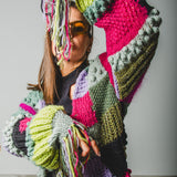 CARDIGAN PATCHWORK CON FRANGE MULTICOLORE VERDE/FUCSIA/LILLA - HANDMADE