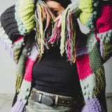 CARDIGAN PATCHWORK CON FRANGE MULTICOLORE VERDE/FUCSIA/LILLA - HANDMADE