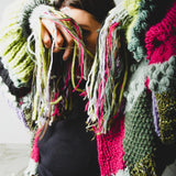 CARDIGAN PATCHWORK CON FRANGE MULTICOLORE VERDE/FUCSIA/LILLA - HANDMADE
