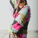 CARDIGAN PATCHWORK CON FRANGE MULTICOLORE VERDE/FUCSIA/LILLA - HANDMADE
