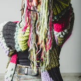 CARDIGAN PATCHWORK CON FRANGE MULTICOLORE VERDE/FUCSIA/LILLA - HANDMADE