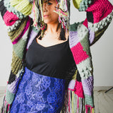 CARDIGAN PATCHWORK CON FRANGE MULTICOLORE VERDE/FUCSIA/LILLA - HANDMADE