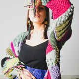 CARDIGAN PATCHWORK CON FRANGE MULTICOLORE VERDE/FUCSIA/LILLA - HANDMADE