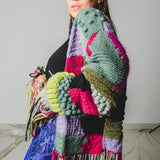 CARDIGAN PATCHWORK CON FRANGE MULTICOLORE VERDE/FUCSIA/LILLA - HANDMADE