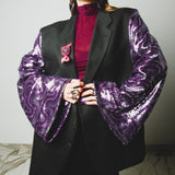 Green upcycling vintage men's jacket in wool and cashmere with modified sleeves in purple and silver sequins