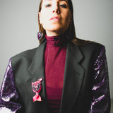 Green upcycling vintage men's jacket in wool and cashmere with modified sleeves in purple and silver sequins