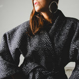 FUCHSIA JACQUARD BOMBER STYLE JACKET - REVERSIBLE IN BLACK VELVET FABRIC - CONTRASTING POCKETS