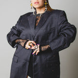 320 Grey pinstriped jacket Size 54 in pure virgin wool Cacharel with bronze rhinestones (100)
