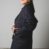 320 Grey pinstriped jacket Size 54 in pure virgin wool Cacharel with bronze rhinestones (100)