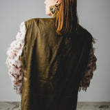 329 Green linen and viscose jacket Size 54 with gold rhinestones and animalier fringed sleeves