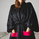 32 - KINTSUGI FUCHSIA | Cappotto Kimono in Lana con Inserti in Pelle Scamosciata