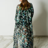 Long tailored kimono in black sequins with embroidered flowers