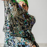 Long tailored kimono in black sequins with embroidered flowers