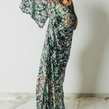 Long tailored kimono in black sequins with embroidered flowers