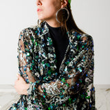 Long tailored kimono in black sequins with embroidered flowers