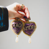 Orecchini grandi a forma di cuore con scritta CIAO AMORE strass - in jaquard viola con perla pendente