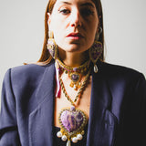 Orecchini grandi a forma di cuore con scritta CIAO AMORE strass - in jaquard viola con perla pendente