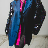284 Shiny blue jacket in viscose and cupro Size 52 with sleeves replaced with shiny round sequins