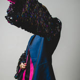 284 Shiny blue jacket in viscose and cupro Size 52 with sleeves replaced with shiny round sequins