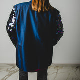 284 Shiny blue jacket in viscose and cupro Size 52 with sleeves replaced with shiny round sequins