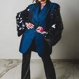 284 Shiny blue jacket in viscose and cupro Size 52 with sleeves replaced with shiny round sequins