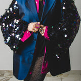 284 Shiny blue jacket in viscose and cupro Size 52 with sleeves replaced with shiny round sequins