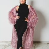 Long tailored kimono in black sequins with embroidered flowers