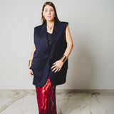 341 Gilet dal taglio maschile blu con strass lime in Lana Merinos Tg 54- taglio over