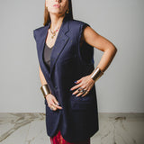 341 Gilet dal taglio maschile blu con strass lime in Lana Merinos Tg 54- taglio over