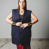 341 Gilet dal taglio maschile blu con strass lime in Lana Merinos Tg 54- taglio over