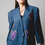 343 Men's cut jacket with hand painted hearts - Size 58 in pure virgin wool blue