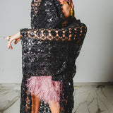 34 Kimono gioiello GUSTAVO sartoriale con rete ricamata e paillettes nera