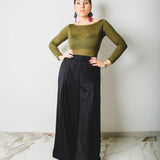 34 - Pantalone palazzo NICOLE  sartoriale in lana nera con gessatura in lurex brillante