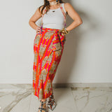 354 -  Gonna, Miri in cotone, leggero a righe arancio e fucsia con tigri taglia 1