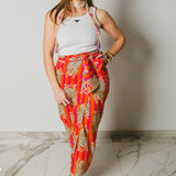 354 -  Gonna, Miri in cotone, leggero a righe arancio e fucsia con tigri taglia 1