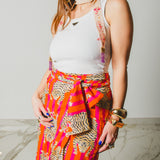 354 -  Gonna, Miri in cotone, leggero a righe arancio e fucsia con tigri taglia 1