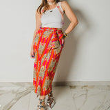 354 -  Gonna, Miri in cotone, leggero a righe arancio e fucsia con tigri taglia 1