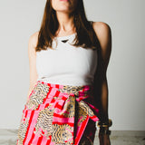 355 -  Minigonna, miri in cotone, leggero a righe rosso e fucsia con tigre, taglia 1