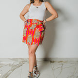 356 -   Minigonna, miri in cotone, leggero a righe, arancio e fucsia, con tigri TG1