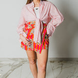 356 -   Minigonna, miri in cotone, leggero a righe, arancio e fucsia, con tigri TG1
