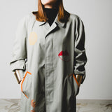 Vintage upcycling grey trench coat with reglan sleeve and bronze rhinestones with hand painted illustration