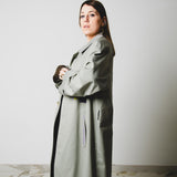 Vintage upcycling grey trench coat with reglan sleeve and bronze rhinestones with hand painted illustration