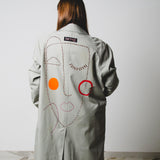 Vintage upcycling grey trench coat with reglan sleeve and bronze rhinestones with hand painted illustration