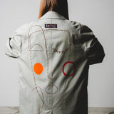 Vintage upcycling grey trench coat with reglan sleeve and bronze rhinestones with hand painted illustration