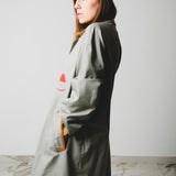 Vintage upcycling grey trench coat with reglan sleeve and bronze rhinestones with hand painted illustration