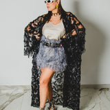Long tailored kimono in black sequins with embroidered flowers