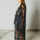 Long tailored kimono in black sequins with embroidered flowers