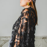 Long tailored kimono in black sequins with embroidered flowers