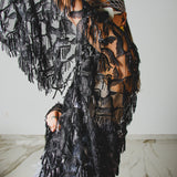 Long tailored kimono in black sequins with embroidered flowers