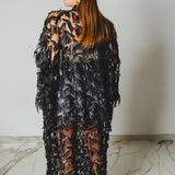 Long tailored kimono in black sequins with embroidered flowers